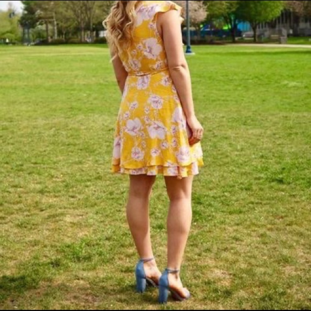 Yellow floral wrap dress